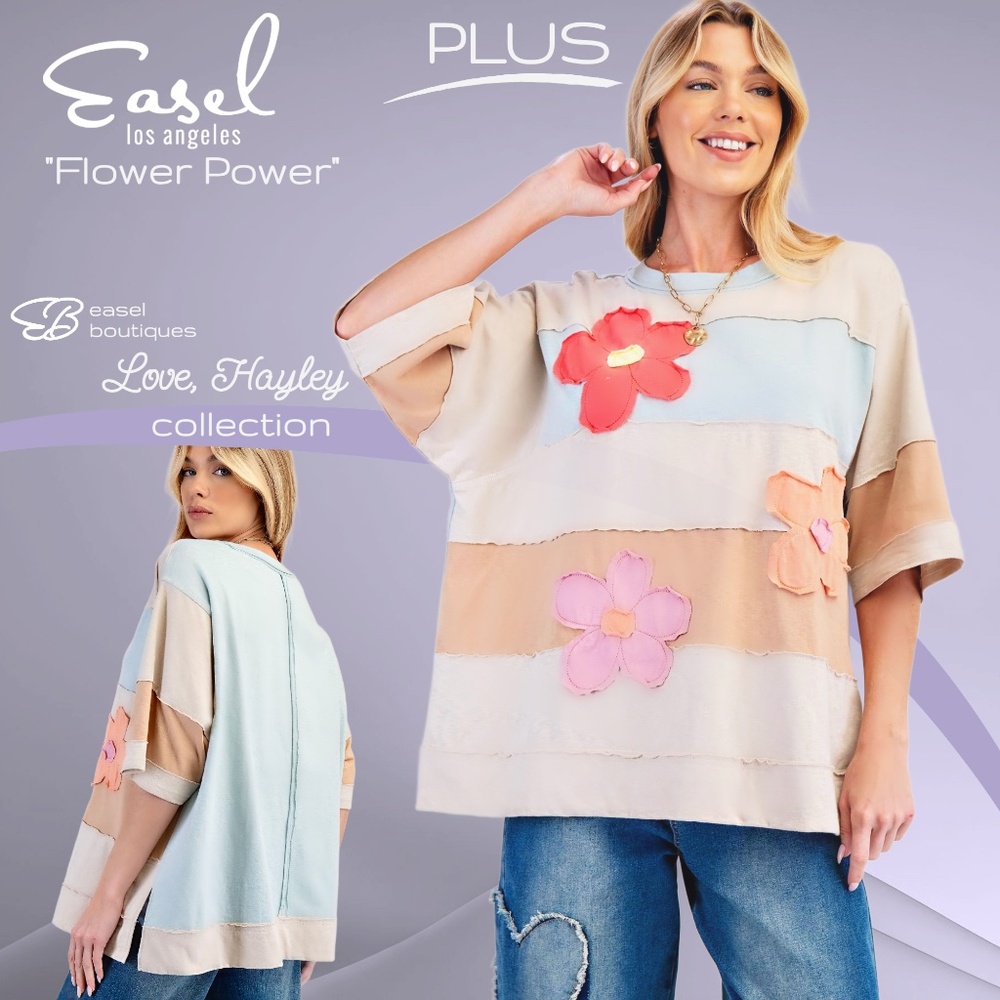 EASEL “Flower Power” Mineral Washed Raw Seam Tunic Tee Flower Patch Cotton Color